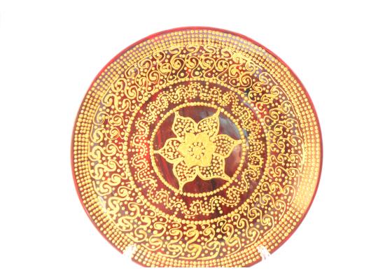 صحن مع ستاند للعرض او للتضييف ، مرسوم بفن الماندالا ، دهبي ، مناسب للهدايا 